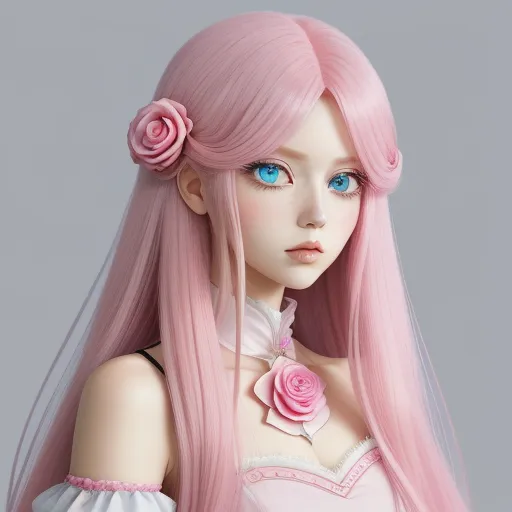 a doll with pink hair and blue eyes wearing a pink dress and a pink rose in her hair,, by Hanabusa Itchō