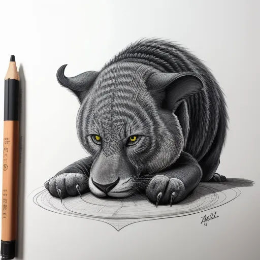 convert to high resolution - a drawing of a cat with yellow eyes and a pencil in its mouth, resting on a piece of paper, by Alison Kinnaird