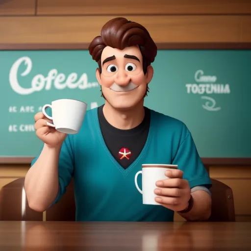 a man with a mustache holding a coffee cup and a mug in front of him with a mustache on his face, by Pixar Concept Artists