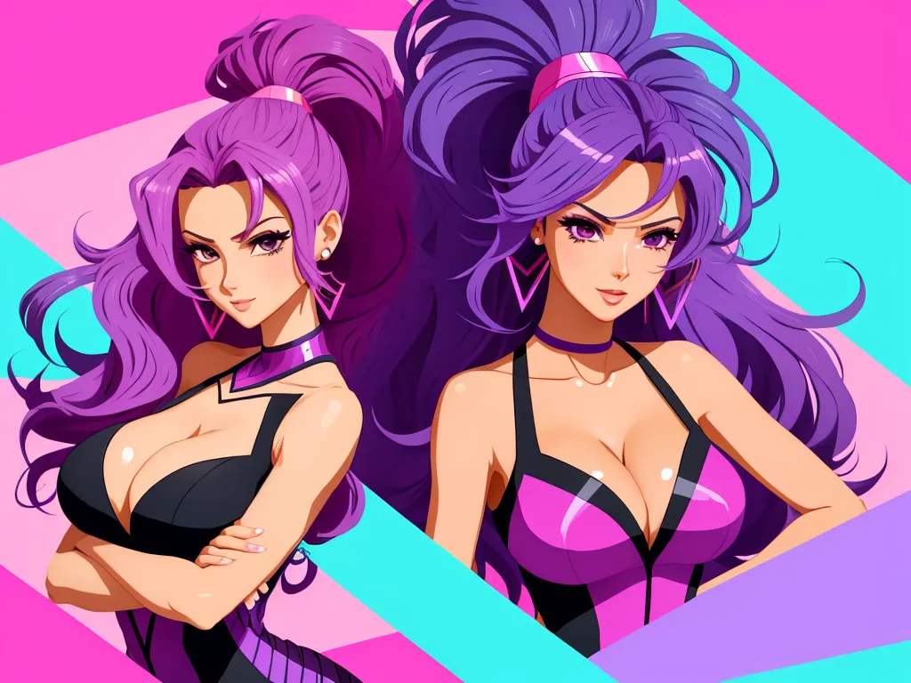 text to image ai free - two cartoon women with purple hair and black bras, one with a pink and purple hair and one with a black bra, by theCHAMBA