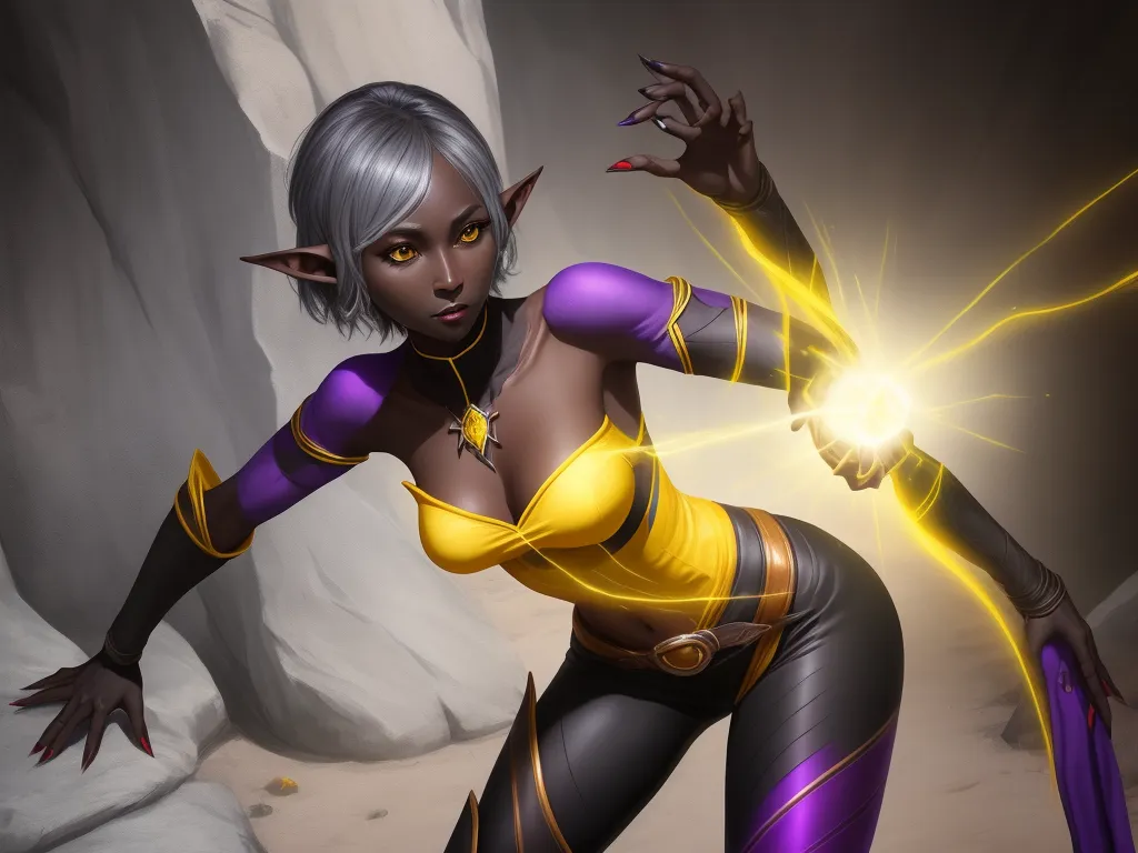 high quality maker - a woman in a yellow and purple outfit holding a yellow light up in her hand and a rock in the background, by Lois van Baarle