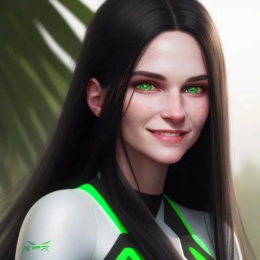 a digital painting of a woman with long hair and green eyes, wearing a futuristic outfit with a futuristic design, by Lois van Baarle