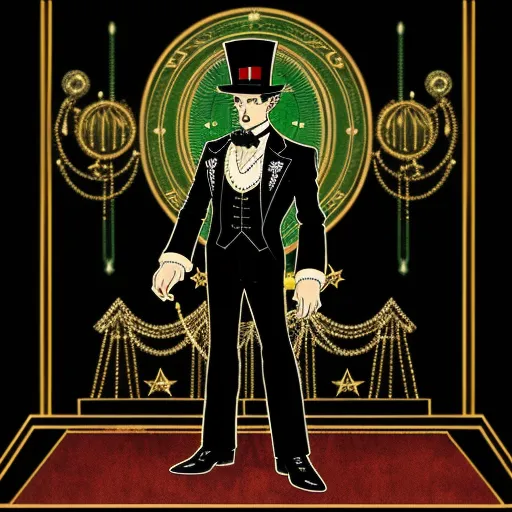 a man in a tuxedo standing on a red carpet with a green background and a gold star, by Hanabusa Itchō