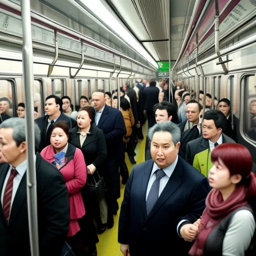 a group of people standing on a subway train together, all in suits and ties, all looking at the camera, by Akos Major