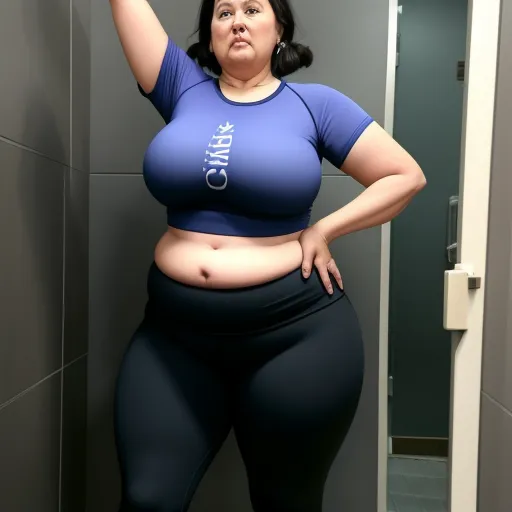 free ai image generator from text - a woman in a blue shirt and black pants is standing in a bathroom and posing for a picture with her hand on her head, by Rumiko Takahashi