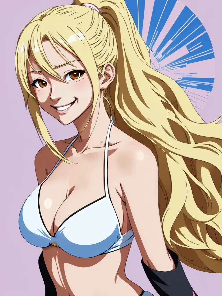 best free text to image ai - a cartoon picture of a woman with blonde hair and a bra top on, with a fan in the background, by Toei Animations