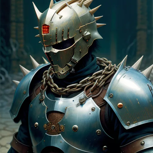 4k hd photo converter - a man in a knight costume with spiked spikes on his head and a chain around his neck and shoulders, by Terada Katsuya