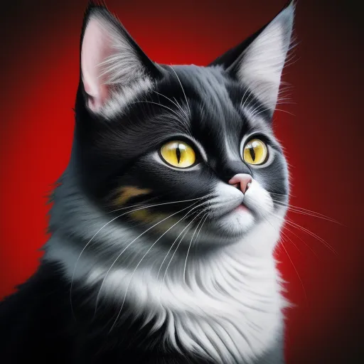 4k to 1080p photo converter - a black and white cat with yellow eyes looking up at the camera with a red background behind it and a black background, by Kehinde Wiley