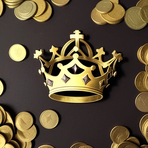 a crown surrounded by gold coins and other gold coins on a black background with a black background with gold coins, by Barthel Bruyn the Younger