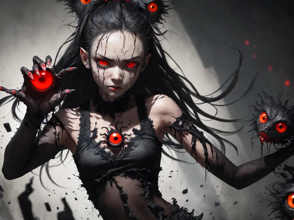 a woman with red eyes and black clothing holding two red balls in her hands and a creepy demon face on her chest, by Ryohei Hase