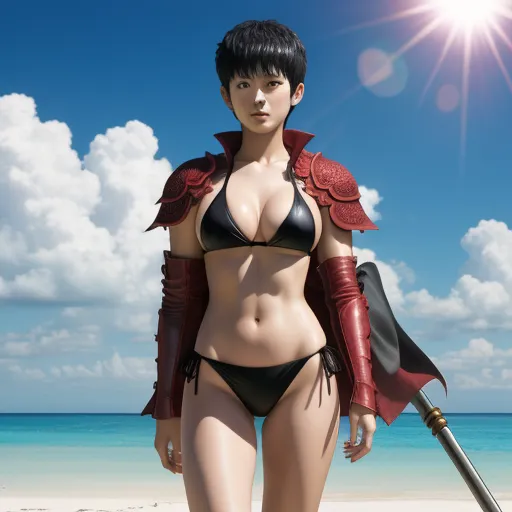 free high resolution images - a woman in a bikini and leather armor on a beach with a sword in her hand and a sun shining behind her, by Terada Katsuya