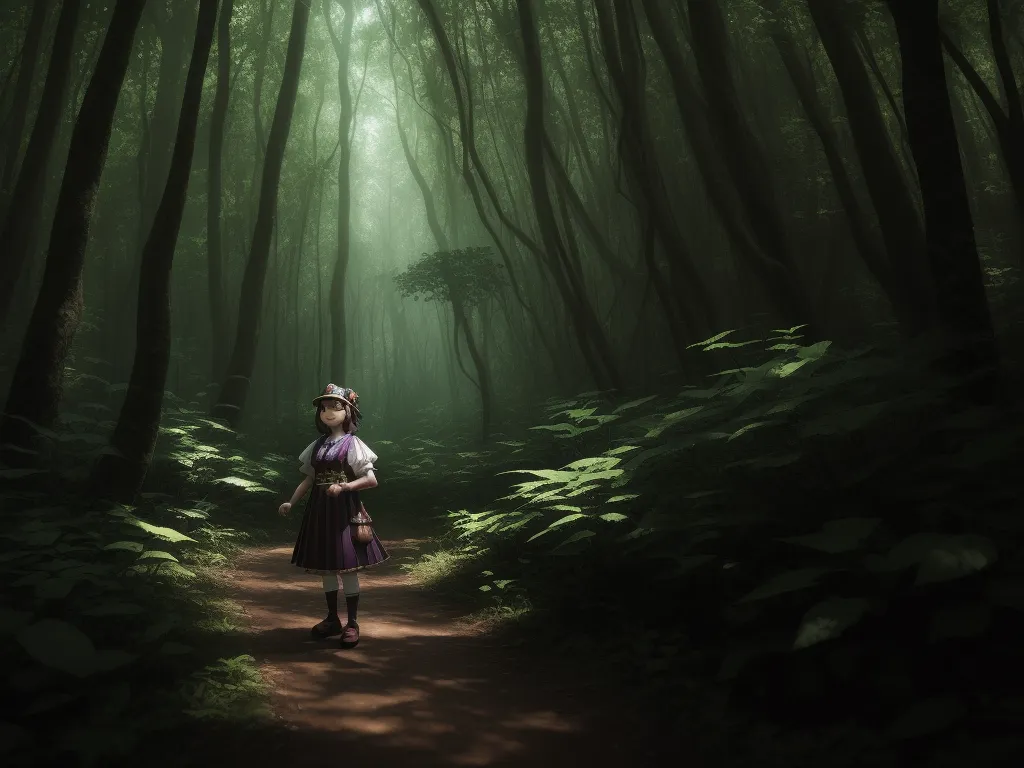 text to illustration ai - a woman in a purple dress is walking through a forest with a light shining through the trees on a path, by Yoshiyuki Tomino