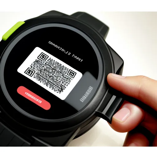 a person holding a smart watch with a qr code on it's face and a hand holding a smart watch with a qr code on it's face, by Genndy Tartakovsky