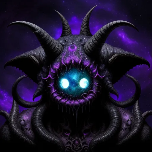 make picture higher resolution - a strange looking creature with blue eyes and horns on it's head, with a purple background and stars, by Naoto Hattori