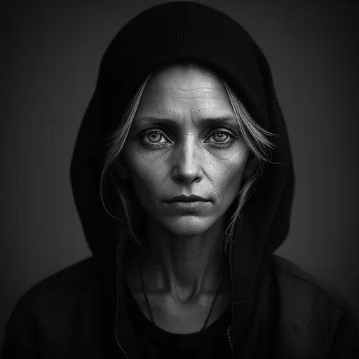 a woman with a hoodie on and a black sweatshirt on is staring at the camera with a serious look on her face, by Anton Semenov