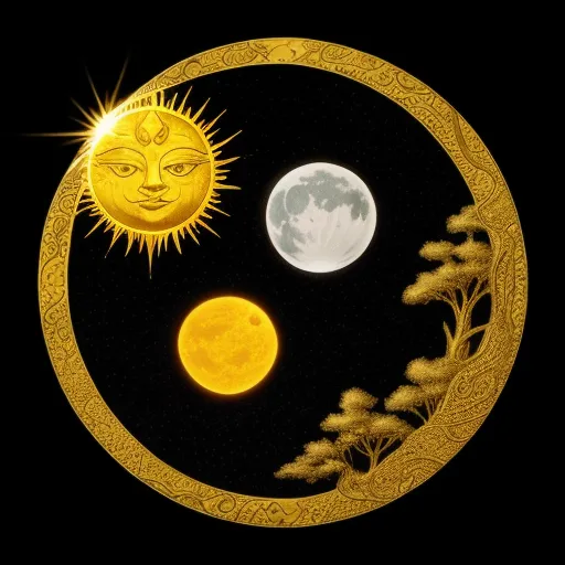 a painting of a sun and moon in a circle with a black background and a gold border around it, by Paul Laffoley