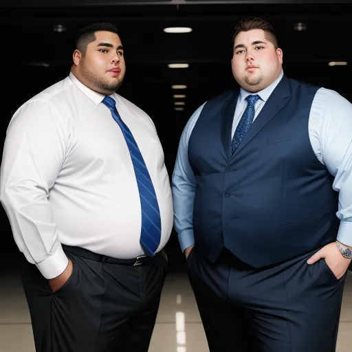 make image higher resolution - two men in suits and ties standing next to each other in a dark room with a white wall and a black ceiling, by Botero