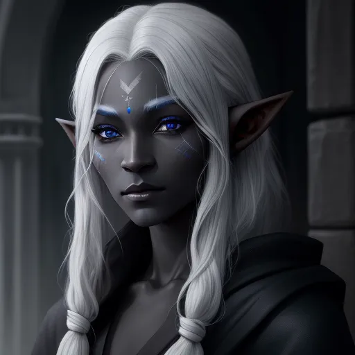 a white haired elf with blue eyes and a white hair and blue eyes is standing in front of a doorway, by Daniela Uhlig