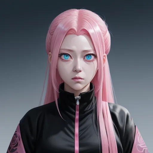 a woman with pink hair and blue eyes wearing a black top and pink hair with pink bangs and a pink ponytail, by Akira Toriyama