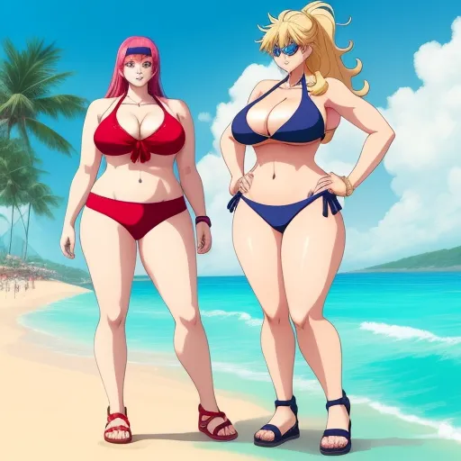 two women in bikinis standing on a beach next to the ocean with palm trees in the background and a blue sky, by Toei Animations