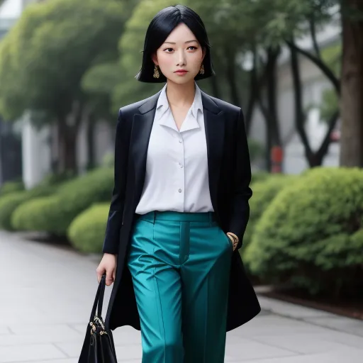 a woman in a suit and heels walking down a sidewalk with a handbag in her hand and a purse in her other hand, by Chen Daofu