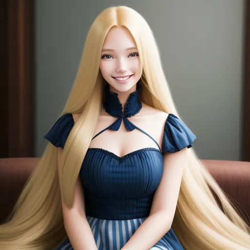 convert image to hd - a woman with long blonde hair sitting on a couch wearing a blue dress and a choker necklace with a bow, by Hayao Miyazaki