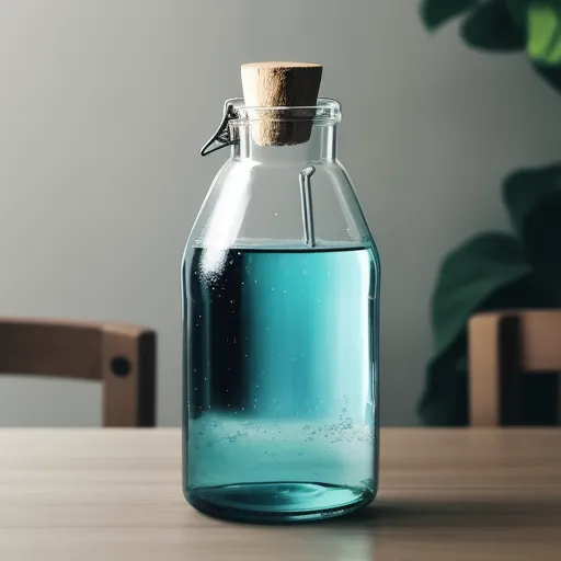 1080p to 4k converter - a glass bottle with a cork in it on a table next to a chair and a plant in the background, by Filip Hodas