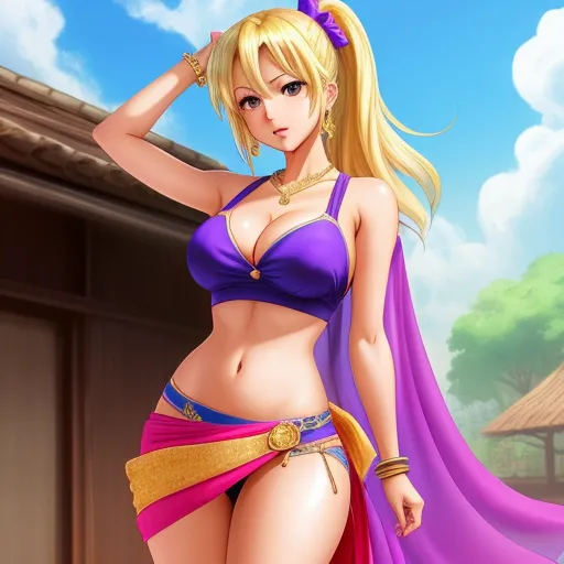 photo images - a cartoon of a woman in a bikini and a purple cape with a pink sash around her waist and a purple cape around her waist, by Toei Animations