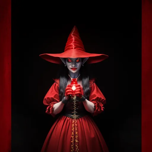 a woman dressed in a red dress and a red hat with a glowing heart in her hands, with a black background, by Daniela Uhlig
