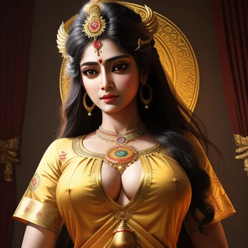 a woman in a yellow dress with a gold head piece and a gold necklace and earrings on her head, by Raja Ravi Varma