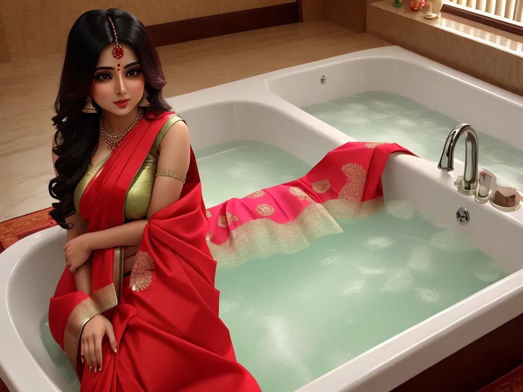 a woman in a red sari sitting in a bathtub with a red and gold sari on, by Hendrick Goudt