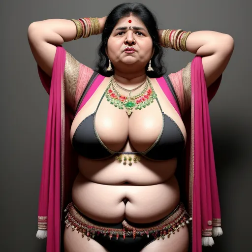 make picture higher resolution - a woman in a bra and a sari is posing for a picture with her hands on her head, by Bruce Gilden