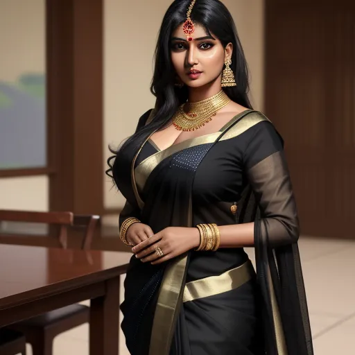 what is high resolution photo - a woman in a black and gold sari standing in front of a table with a wooden table and chairs, by Raja Ravi Varma