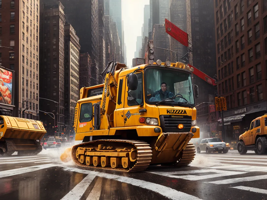 a yellow bulldozer is driving down a busy street in the city with other vehicles in the background, by Filip Hodas
