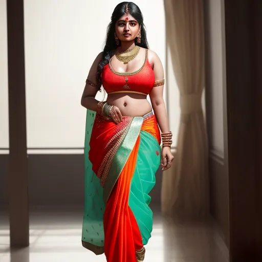 ai based photo enhancer - a woman in a red and green sari is walking down the hall of a house with a window, by Raja Ravi Varma