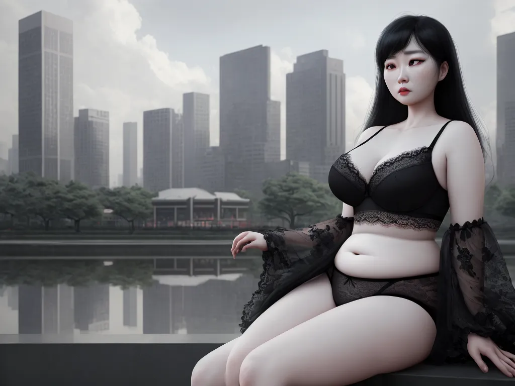 a woman in a black lingerie sitting on a ledge in front of a cityscape with a lake, by Terada Katsuya