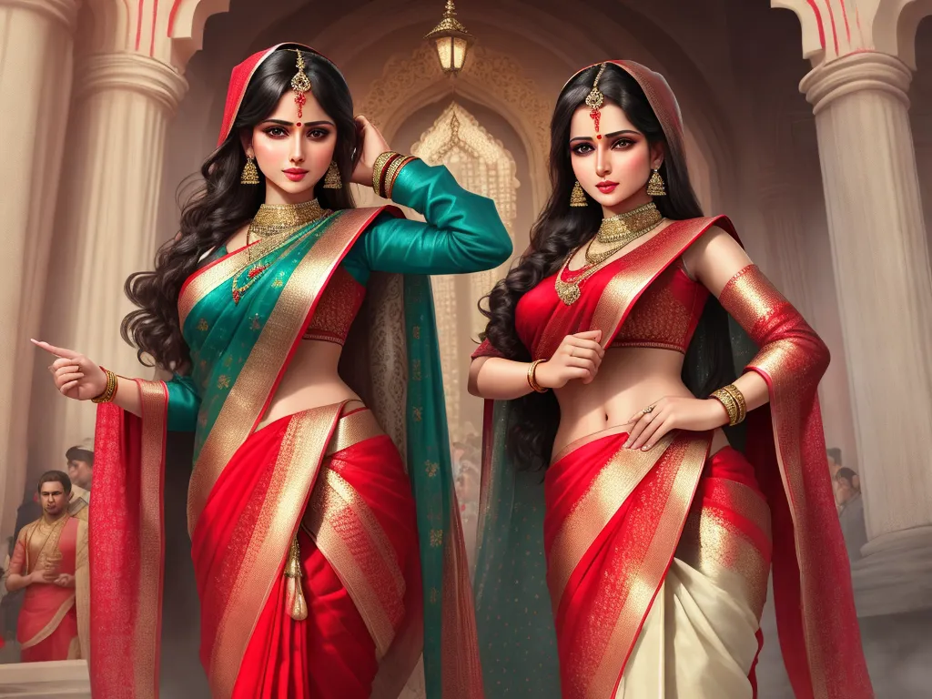 ai image generator text - two women in sari are standing in front of a building with columns and pillars, one of them is wearing a green and red sari, by Raja Ravi Varma