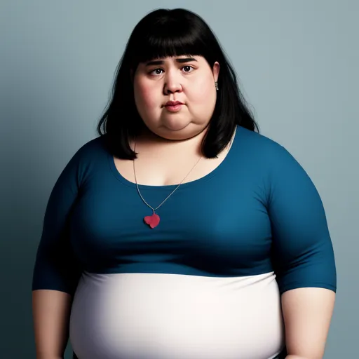 a woman with a heart necklace on her necklace is standing in front of a gray wall and wearing a blue shirt, by Alec Soth