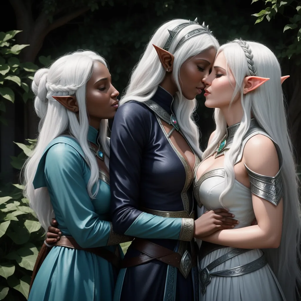 high res images - three women in white and blue outfits standing next to each other in a forest with trees and bushes behind them, by Lois van Baarle