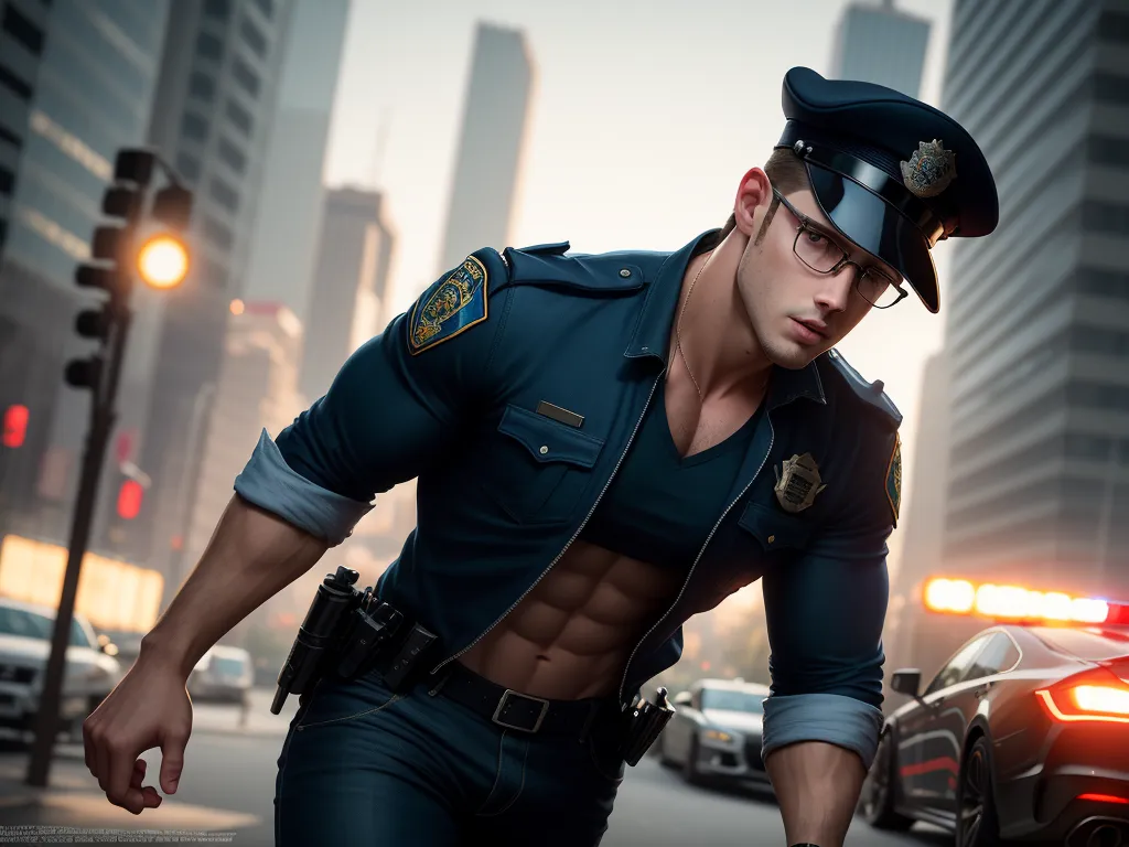 4k picture resolution converter - a man in a police uniform is walking down the street with a police car behind him and a police car behind him, by Edmond Xavier Kapp