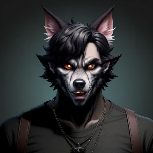 a wolf with a necklace and a black shirt on is staring at the camera with a serious look on his face, by Lois van Baarle