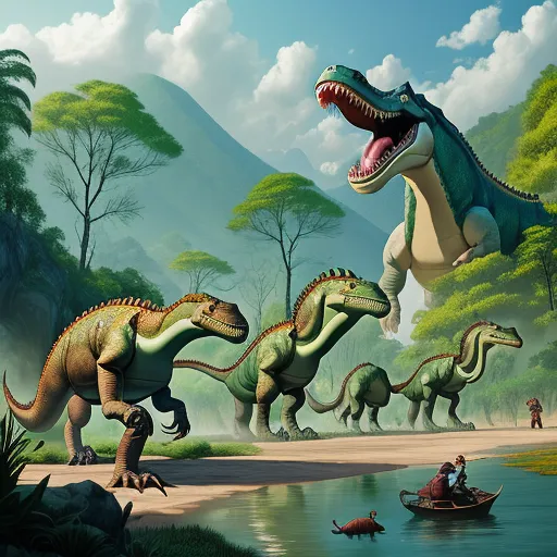 ai that can generate images - a group of dinosaurs walking across a river next to a forest filled with trees and people in a boat, by Mary Anning