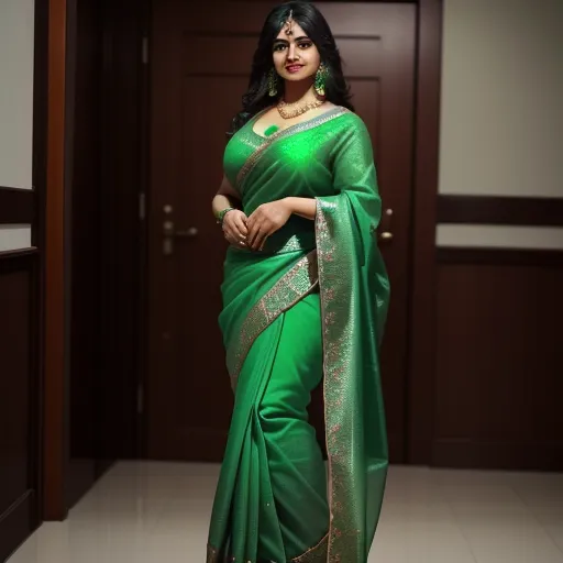 a woman in a green sari standing in a doorway with a green and gold sari on her shoulder, by Raja Ravi Varma