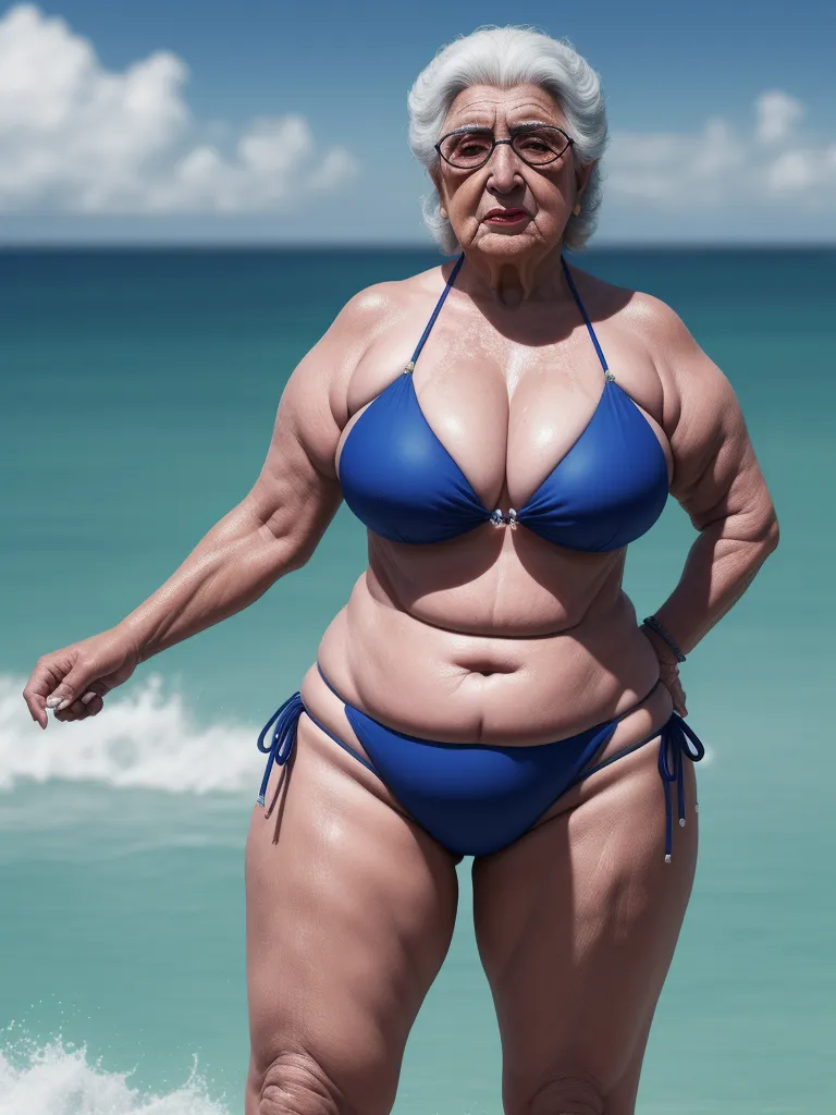 a woman in a blue bikini standing on a beach next to the ocean with her hands on her hips, by Ed Freeman