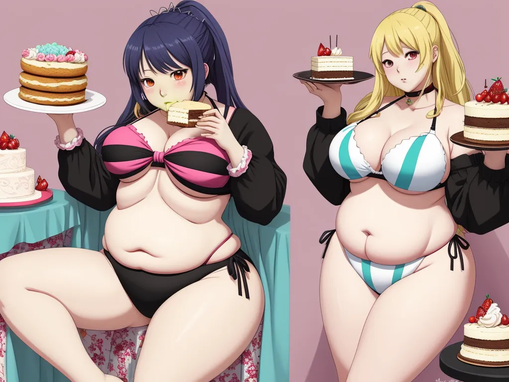 text to picture ai - a woman in a bikini eating cake and another woman in a bikini with a cake on a plate in front of her, by Toei Animations
