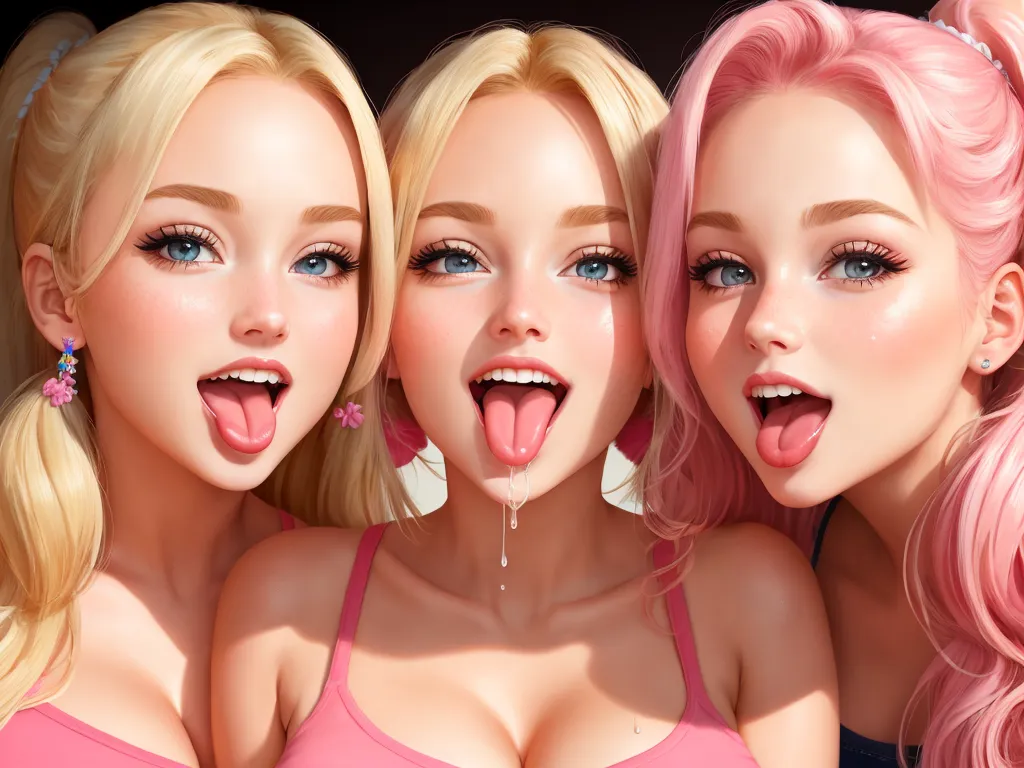 low quality photos - three blonde girls with their mouths open and their tongues out, with one girl sticking out her tongue to the side, by Akira Toriyama
