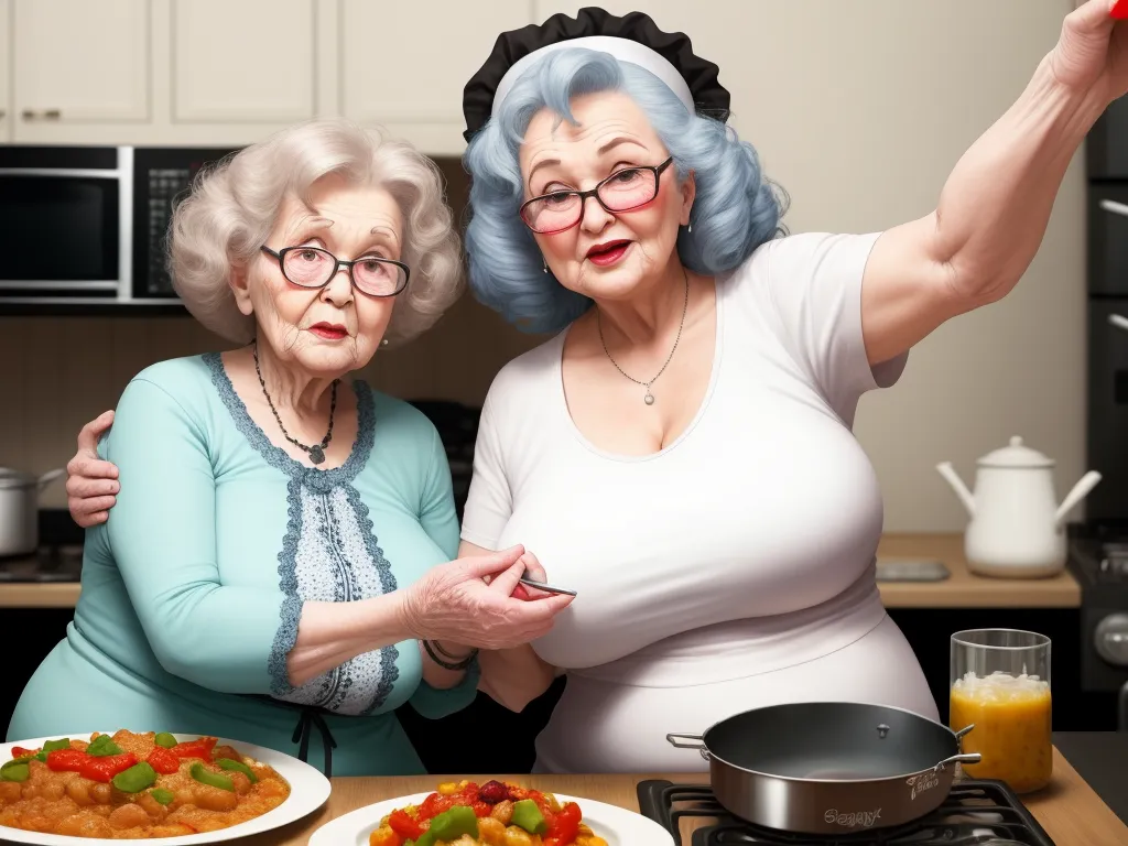 make any photo hd - a woman and a woman in a kitchen with a plate of food on the counter and a pan of food on the stove, by Botero
