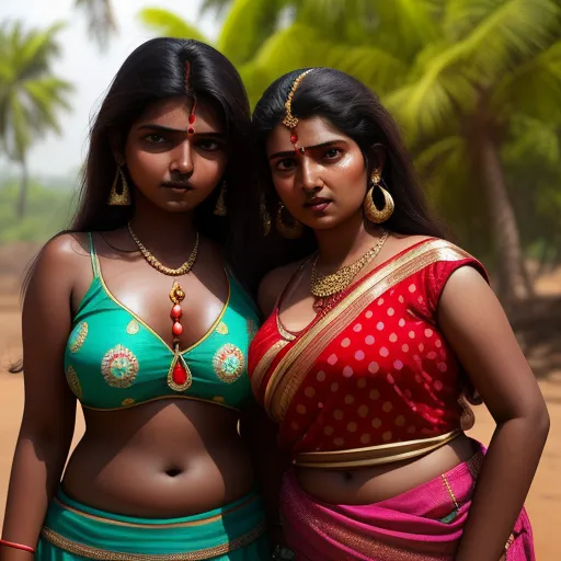 two women in sari are standing next to each other in front of palm trees and a sandy beach, by Raja Ravi Varma