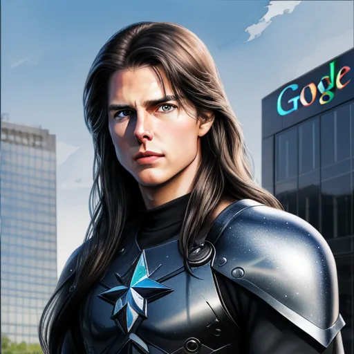 hd quality picture - a woman in a suit with a star on her chest and a google sign in the background with a building in the background, by Terada Katsuya