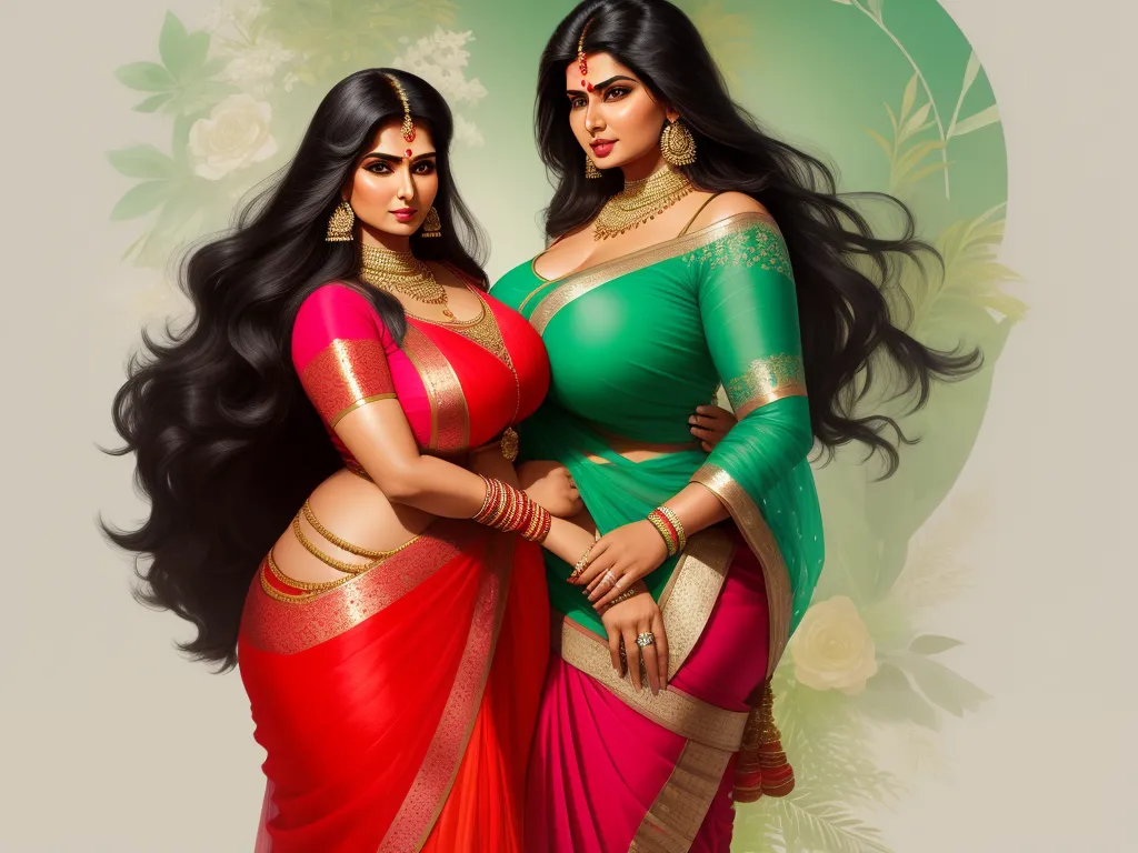 high resolution image - two women in sari standing next to each other in front of a green background with flowers and leaves, by Raja Ravi Varma